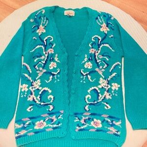 Worthington Turquoise Floral Knit Cardigan